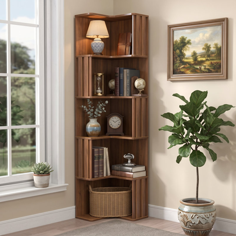 Modern Walnut 5-Tier Corner Bookshelf with Fluted Decorative Baffles