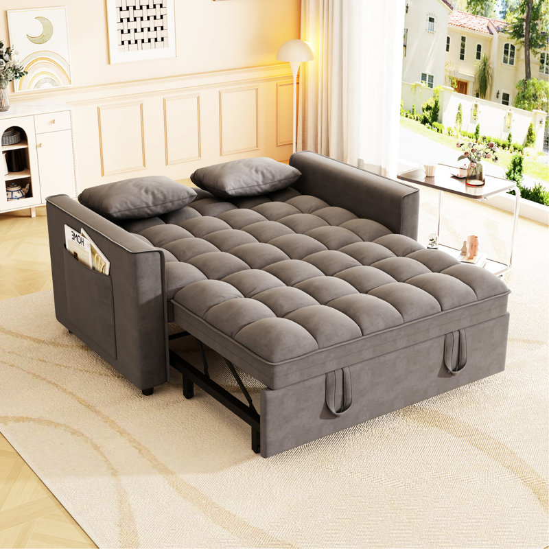 Canapé-lit convertible, 2 places, gris foncé, 3 angles inclinables, velours, poches latérales pour petits espaces, canapé gris moderne, escamotable