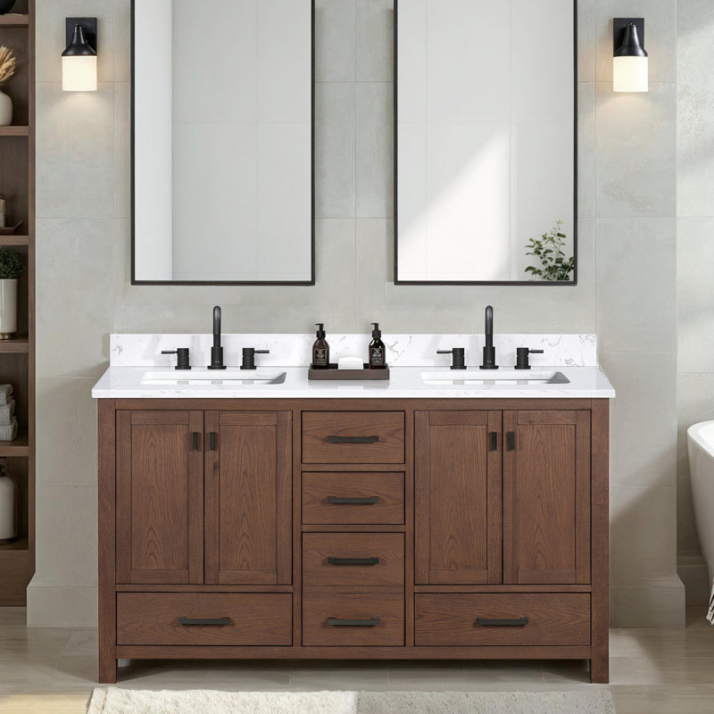 Modero 60" Double Bathroom Vanity with Top, Cala White, Black, Mocha Oak