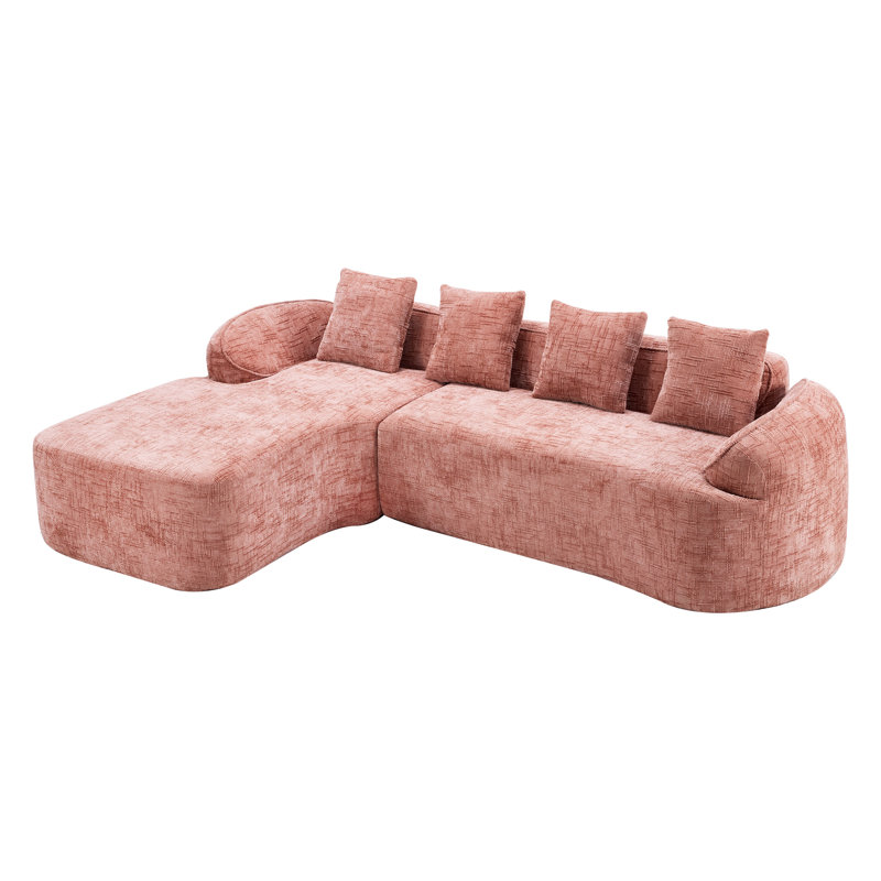 Chenille L-Shaped Sectionals Sofa With Four Pillows, Pink Chenille