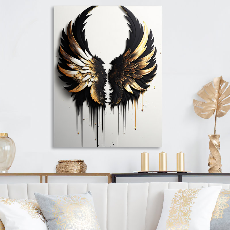 Décoration murale Ashlene - Ailes d'ange noires, argent et or III - Glam, H 40 po x l 30 po x P 1 po