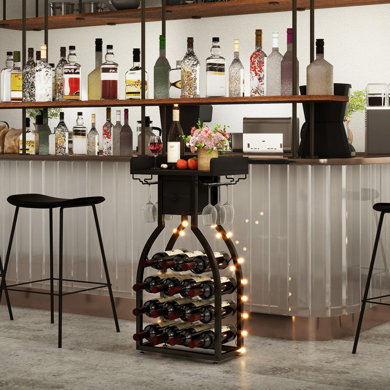 Plancher autoportant pour porte-bouteilles de vin, porte-bouteilles pour 15 bouteilles de vin avec porte-verres, armoire à vin avec bar et tiroir de rangement pour la maison, cuisine, salle à manger, noir