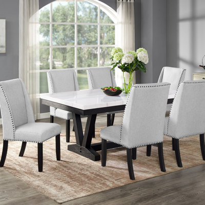 Ensemble de salle à manger 7 pièces contemporain avec plateau en marbre véritable et chaises rembourrées gris tourterelle