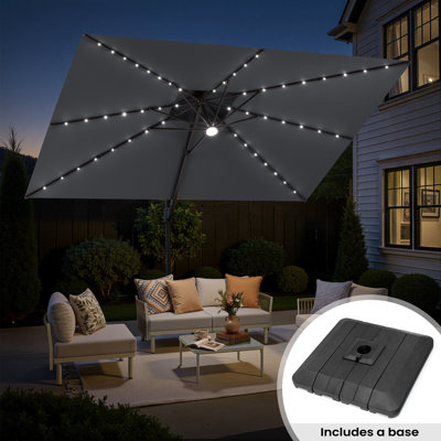 12' X 9' Rectangular Patio Cantilever Solar Led Light Umbrella With Weighted Base