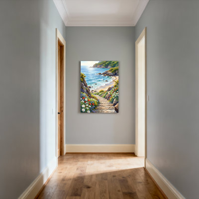 Coastal Pathway With Flowers And Ocean View Canvas Wrapped Wall Art Oil Painting Print Set Of 1