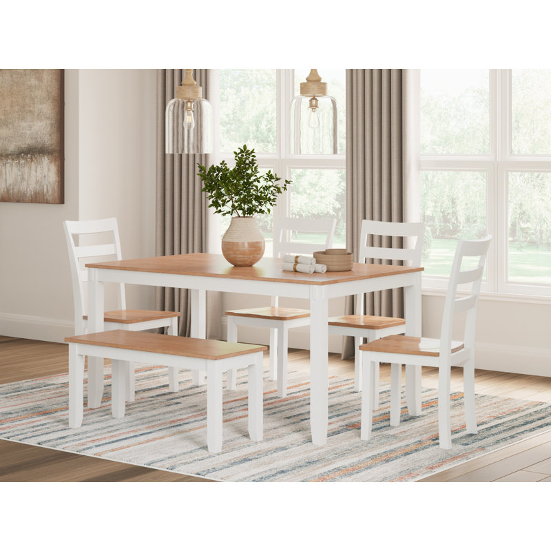 Malkin Dining Table With 4 Chairs And Bench, Set Of 6, White, White