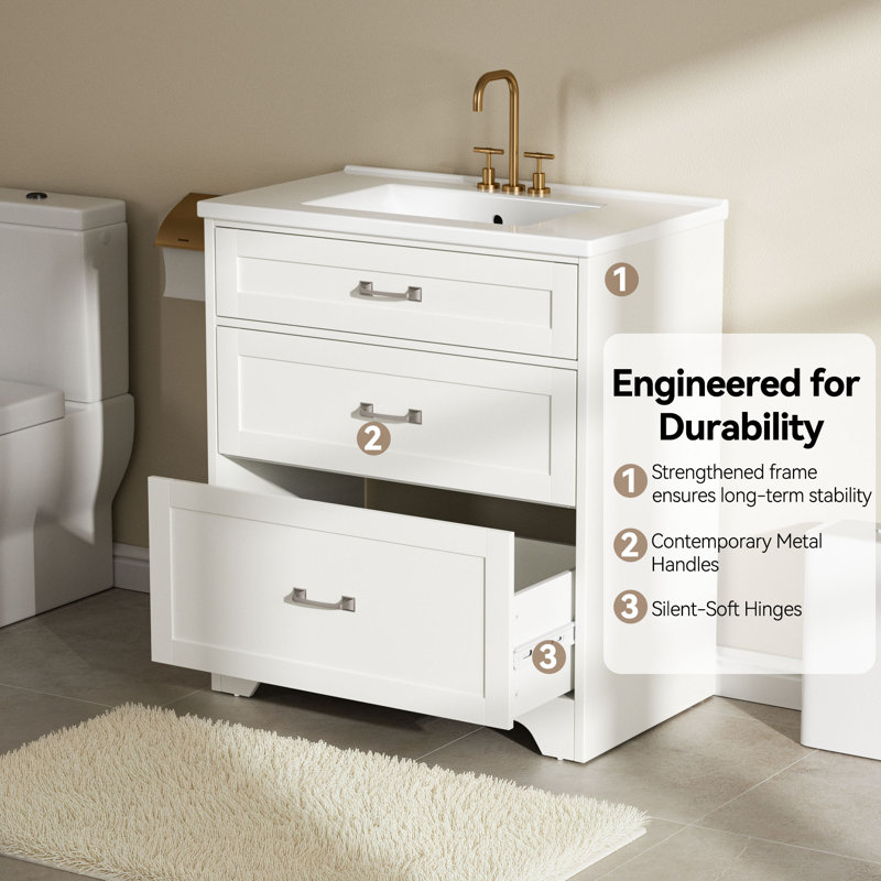 Meuble-lavabo 30 po avec lavabo en céramique, meuble-lavabo moderne avec armoire de rangement, tiroir inclinable, assemblage facile, blanc