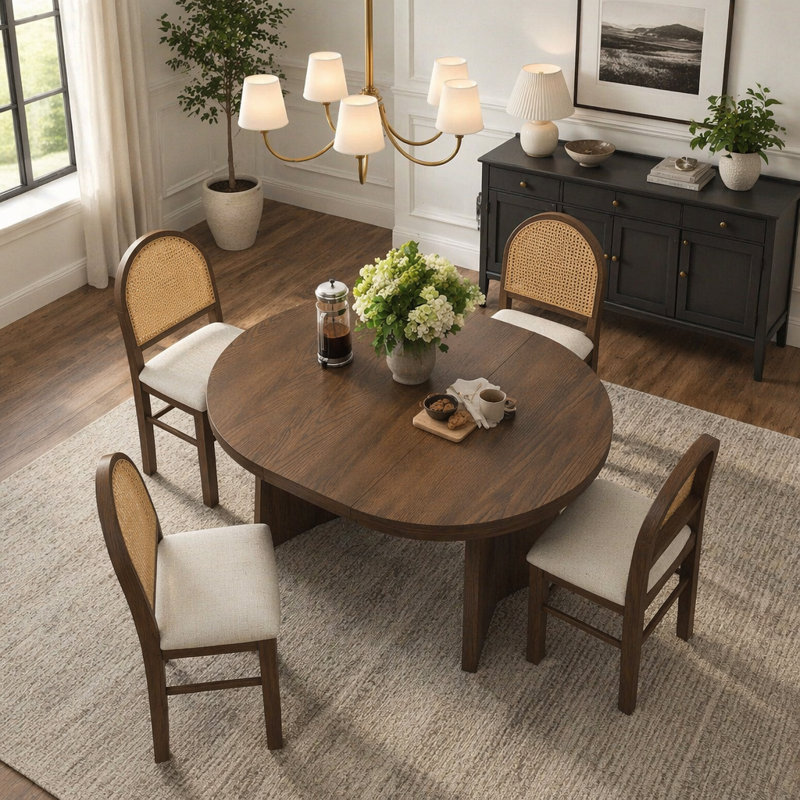 Ensemble de table de salle à manger 5 pièces pour 5 personnes, ensemble de table de salle à manger extensible rétro avec 4 chaises rembourrées, table de cuisine et chaises pour la salle à manger et la cuisine (noyer et beige)