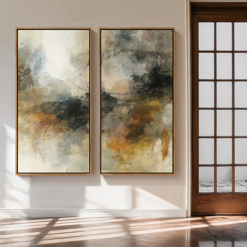 Neutral Earth Tone Abstract Composition Wall Art for Office – Set of 2 Framed Wall Art Print on Canvas 60"x20"x2, 60"x30"x2