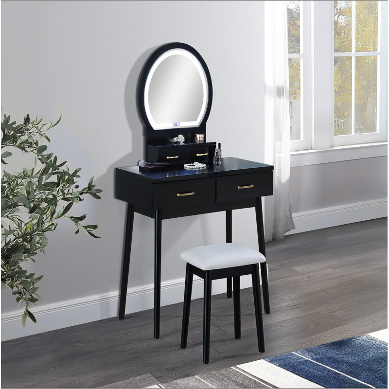 3Pc Vanity Table And Stool Set Built-In Led-Lit Mirror Matching Cushioned Stool Gold-Accented Handles Wooden Home Furniture