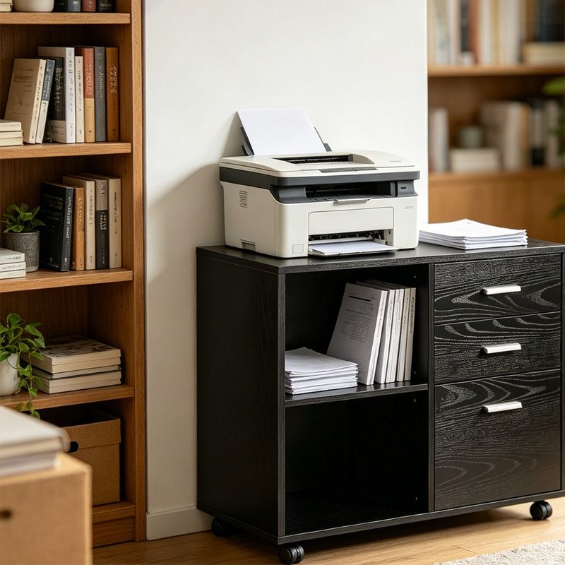 Classeur mobile avec 3 tiroirs et tablettes ouvertes, classeur latéral en bois, support pour imprimante pour bureau personnel