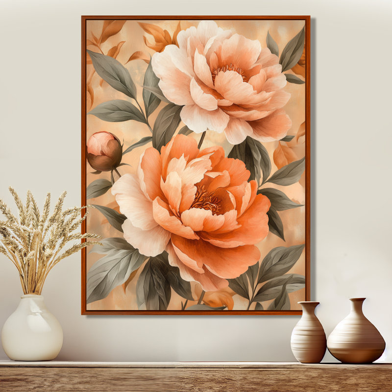 Pe pivoines Autumn Blooms Serenade II - pivoines, art mural, H 44 po x l 34 po, Reproduction avec cadre flottant, Brun