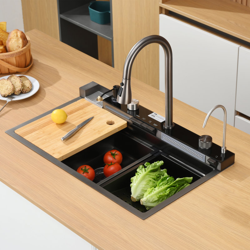30"L × 18"W Drop-in Single Bowl Stainless Steel Kitchen Sink with Digital Display Workstation Sink, Black
