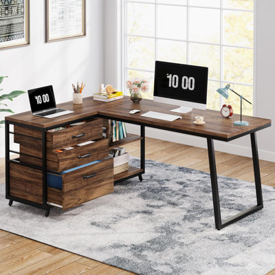 Bureau d'ordinateur en L réversible de 53 po avec 3 tiroirs et tablettes de rangement, bureau de coin industriel avec classeur, poste de travail compact pour les petites pièces