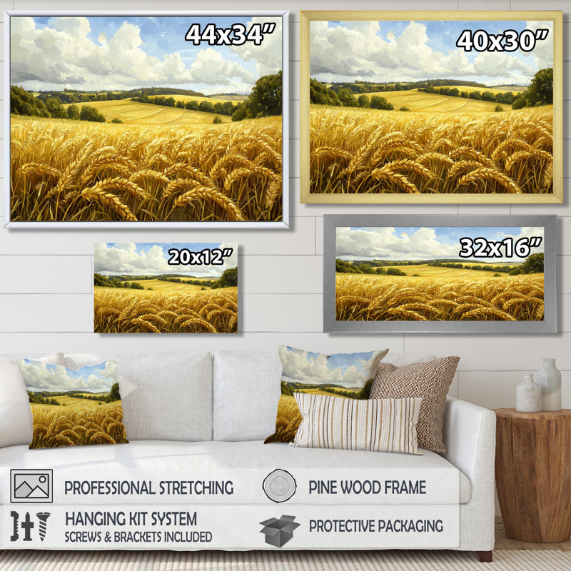 «Countryside Golden Fields In Summer Light I», art mural campagne, H 34 po x l 44 po, Toile tendue sur cadre