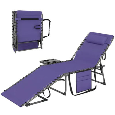 Chaise longue de bronzage pliante avec dossier réglable à 5 niveaux, table d'appoint, coussin, poche, mauve