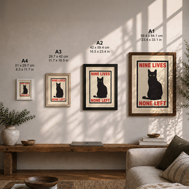Nine Lives None Left Typography - Framed Print, A1 - 84.1 x 59.4 cm, Oak
