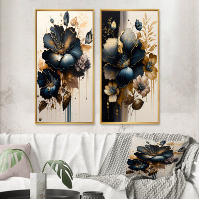 «Bleu foncé et hibiscus doré», 2 pièces sur toile