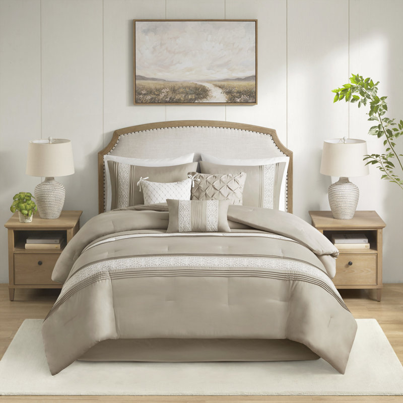 Lacey 7 Piece Lace Trim Comforter Set with Throw Pillows, Taupe, Queen Comforter + 6 Additional Pieces