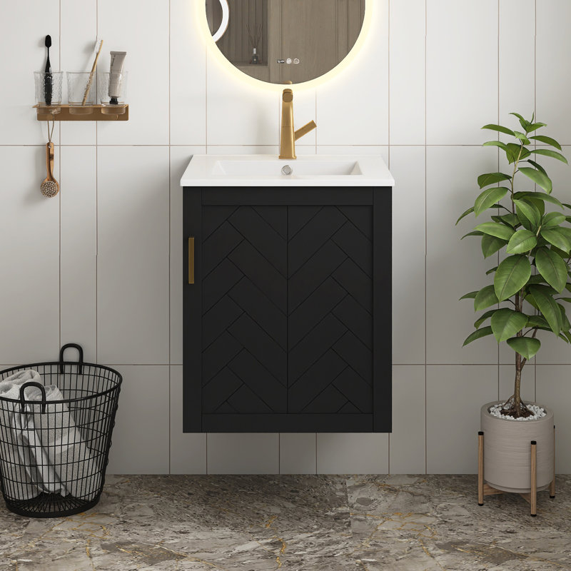 Meuble-lavabo mural noir de 20 po avec armoire latérale, porte à fermeture en douceur, meuble-lavabo moderne avec lavabo en céramique