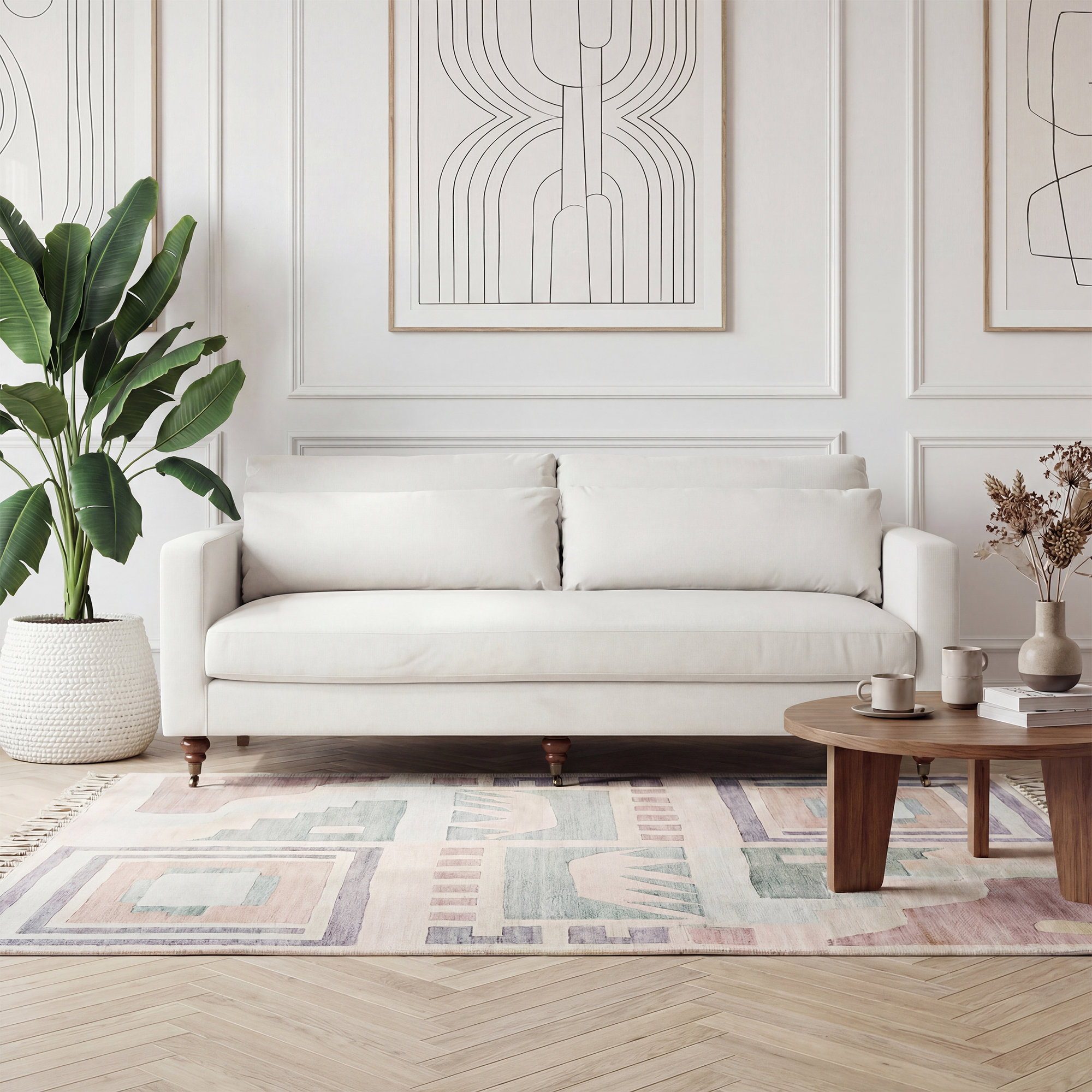 84" Wide Track Arm Sofa With Castor Legs, White