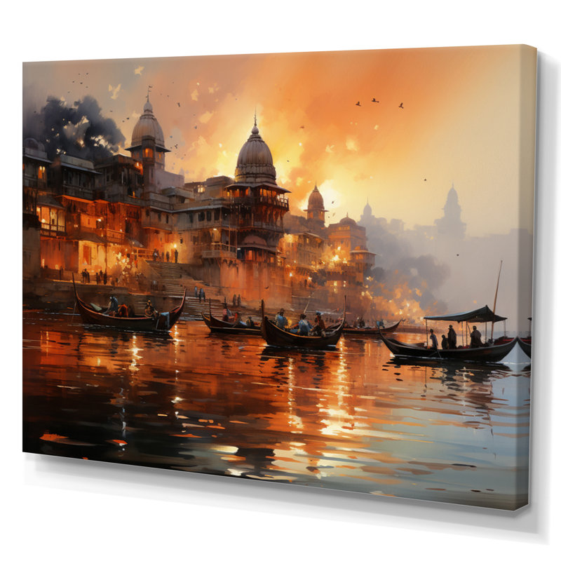 Indian Art Sunset At - Art mural indien, Toile tendue, H 16 po x l 32 po x P 1 po