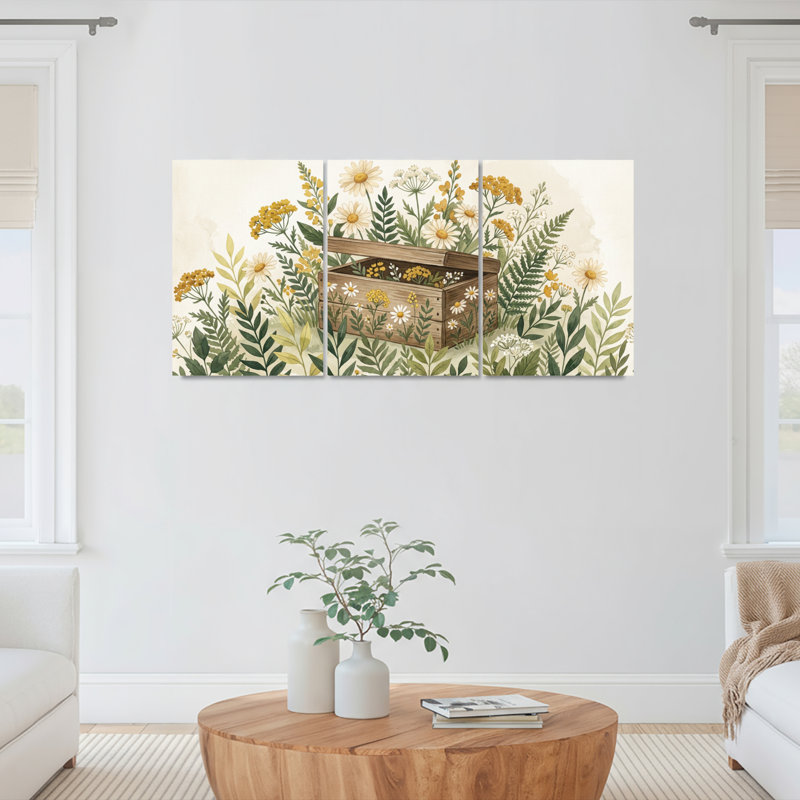 Ensemble de 3 tableaux sur toile représentant un jardin d'herbes aromatiques et de fleurs, pour la décoration du salon et de la chambre.