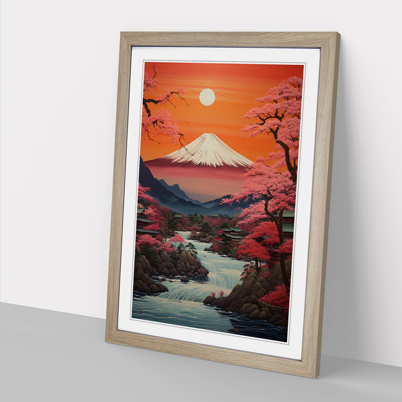 Japanese Sunset Contemporary - Single Picture Frame Print on Wood, 34cm H x 25cm W x 2cm D, Oak Framed