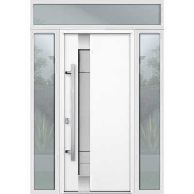 Front Exterior Prehung Steel Door / Deux 1713 / 2 Side And Top Exterior Window / Stainless Inserts Single Modern Painted- Inswing