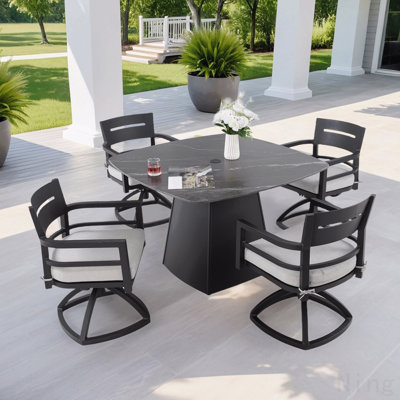 5-Piece Outdoor Pedestal Dining Set, 44" Rounded Square Sintered Stone Table With Flared Base And 4 Swivel Rockers, Sunbrella Cushions, Rust-Free Aluminum, Weather-Resistant, For Patio Or Deck