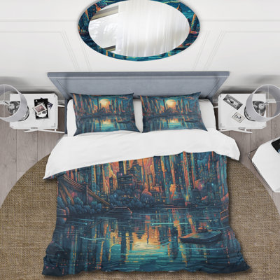 Ensemble de housse de couette bleu et orange Artistic Tributes To The Art Deco Era - City Art Deco
