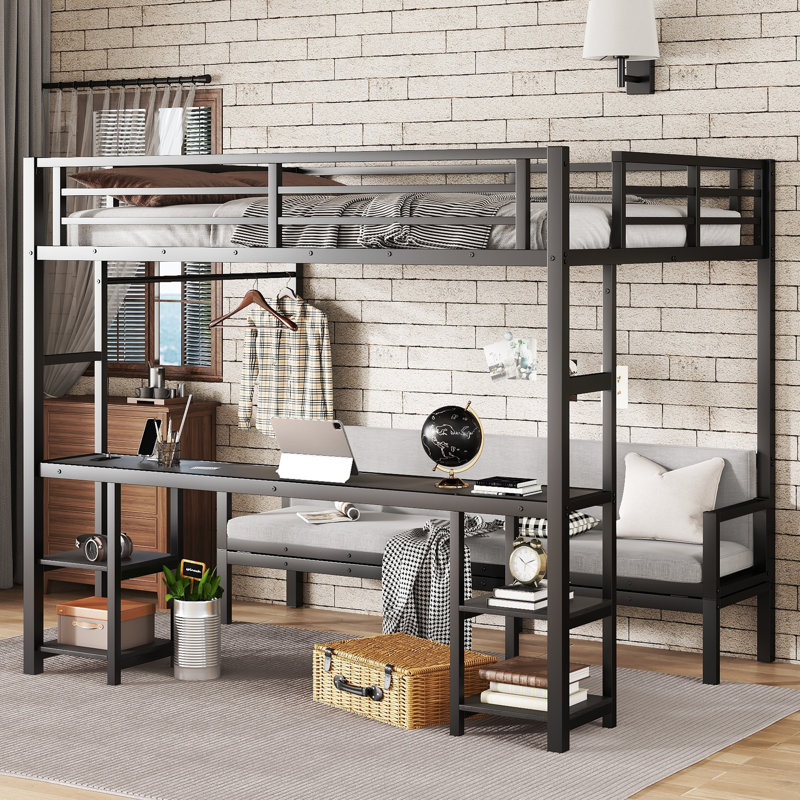 Queen Over Twin XL Metal Bunk Bed with Desk, Shelves, LED, USB Ports, Multi-Use Folding Sofa, Space-Saving Design, Black