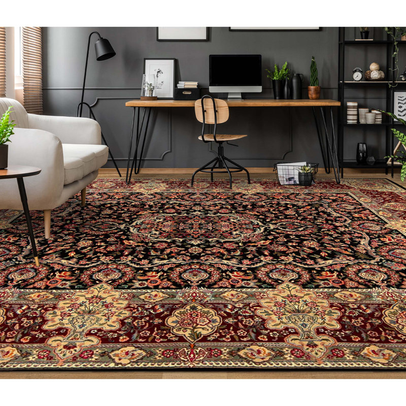Tapis noir et rouge noué à la main de haute qualité