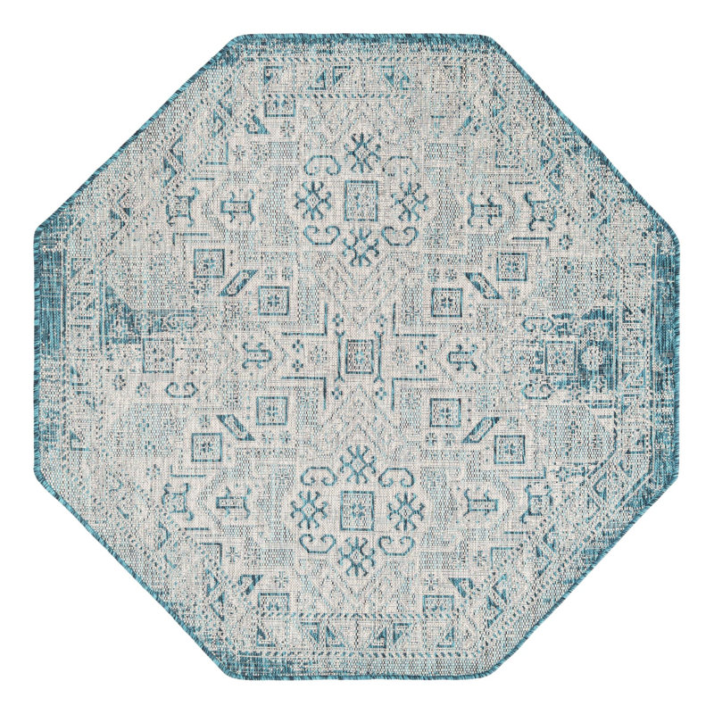 Tapis bleu sarcelle intérieur / extérieur Danera, Octogone 5 pi 3 po x 5 pi 3 po