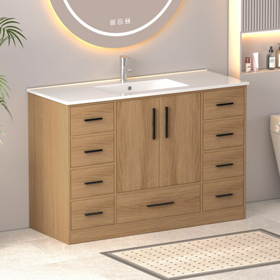 48"Light Oak Bathroom Vanity. Abundant Storage Cabinet -2 Soft Close Doors And 9 Drawers