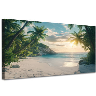 Grande plage, art mural, plage, coucher de soleil, paysage côtier, impression, palmier tropical, océan, paysage, décoration murale, prêt à accrocher, affiche encadrée sur toile pour le salon, la chambre, la salle de bain et le bureau, 30 po x 60 po
