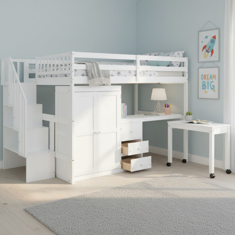 Lit mezzanine avec rangement et bureau, Blanc, Double