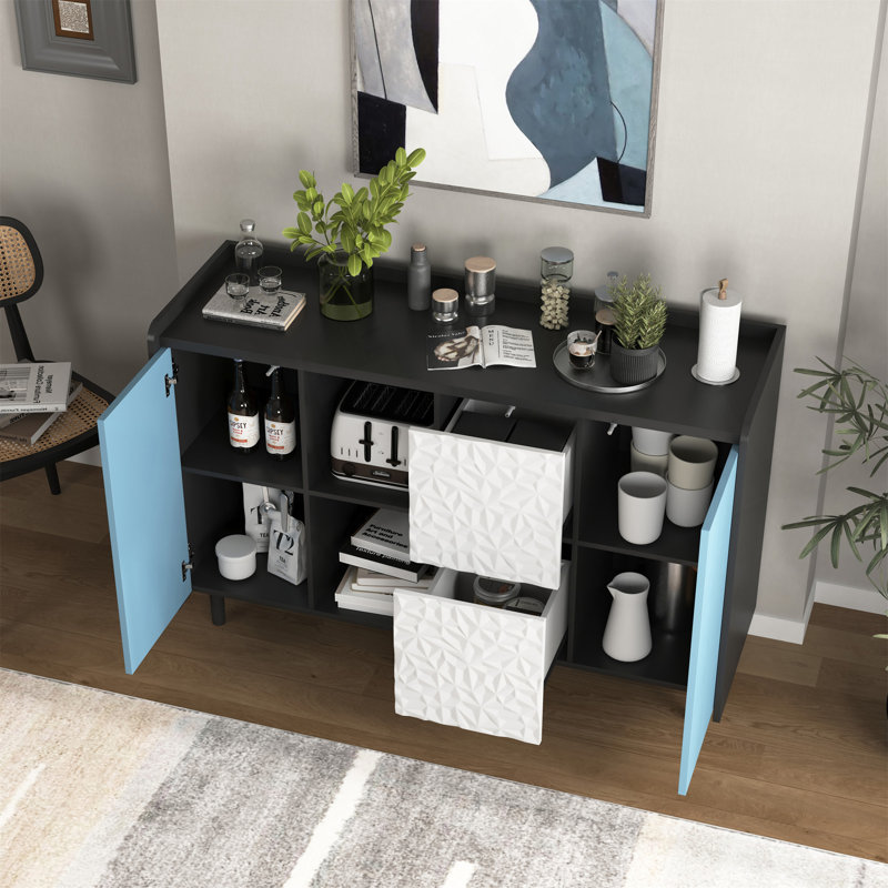 Buffet moderne avec buffet, porte, 2 tiroirs et 2 rangements ouverts, Noir / Bleu, H 31,49 po x l 15,74 po x P 47,24 po