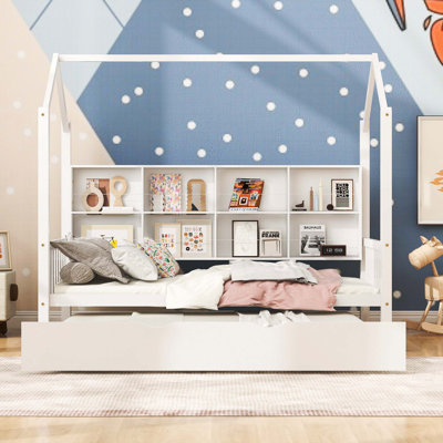 Lit simple blanc en bois pour enfants avec lit gigogne et tablette