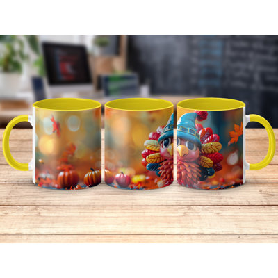 3D Design 11oz Accent Mugs – Ceramic Coffee Cup with a Yellow Handle and Interior