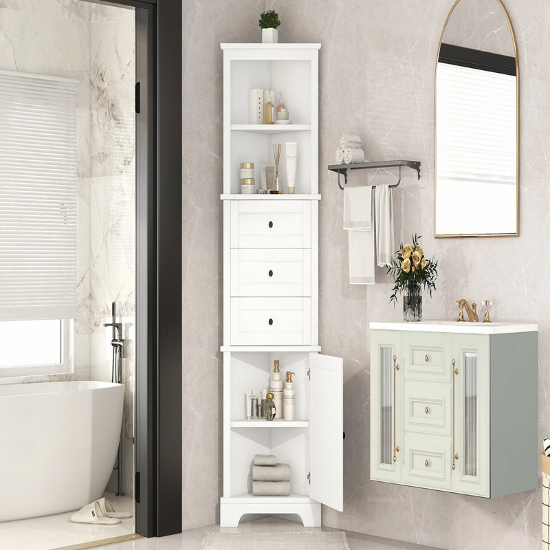 White Tall MDF Bathroom Cabinet with Adjustable Shelves and Drawers