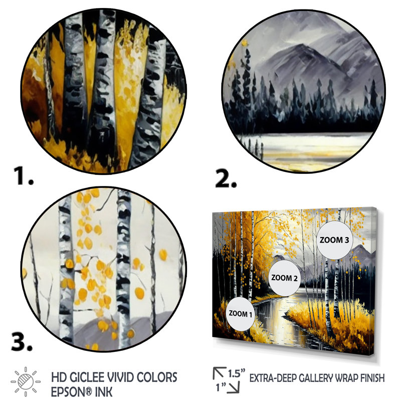 Bouleaux gris et jaunes au bord du lac II - arbre, art mural, H 34 po x l 44 po x P 1,5 po, Toile tendue