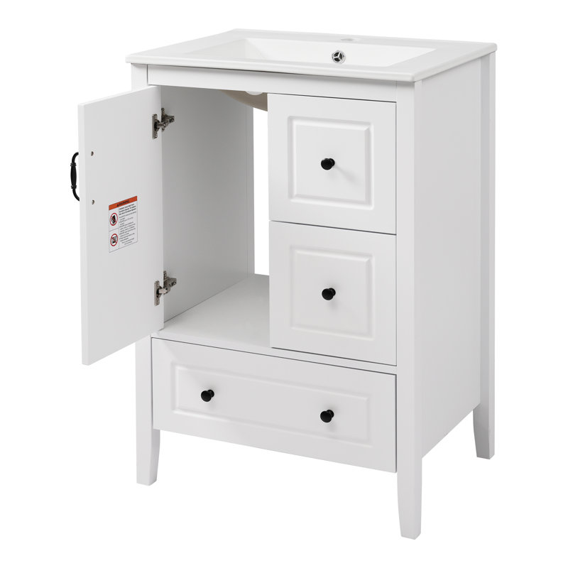 Meuble-lavabo de 24 po avec lavabo, une armoire avec porte à fermeture en douceur, 3 tiroirs à fermeture en douceur, poignées en métal rétro, blanc
