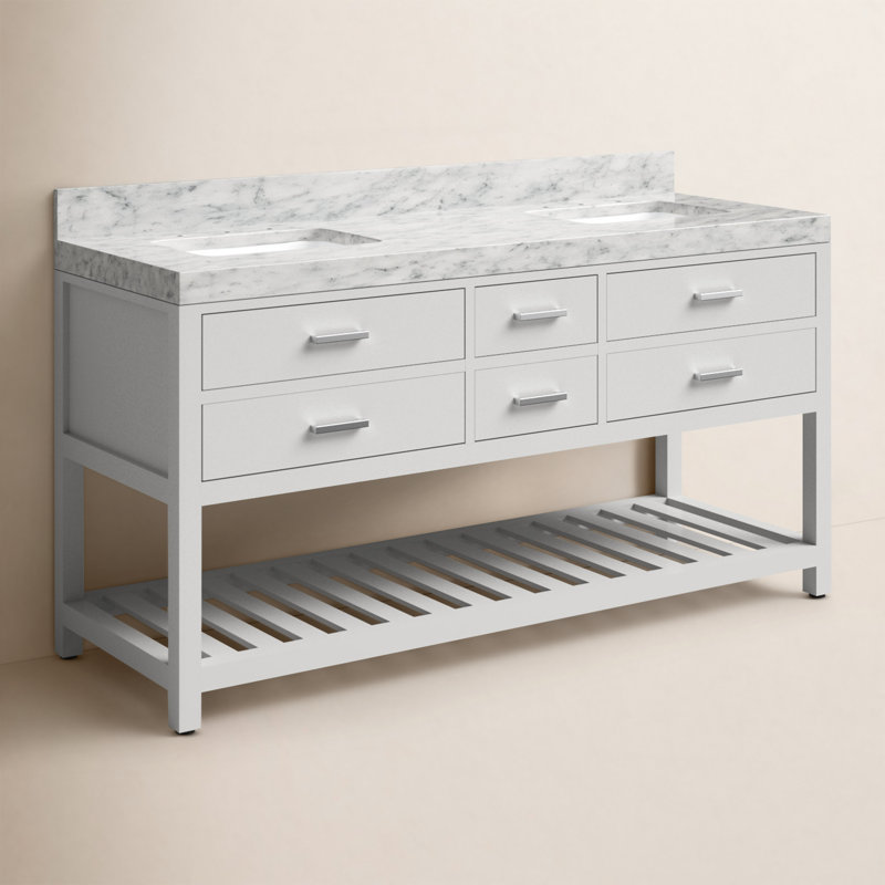 Ensemble de meuble-lavabo double 60 po Carrie, Blanc / nickel brossé, Marbre blanc de Carrare