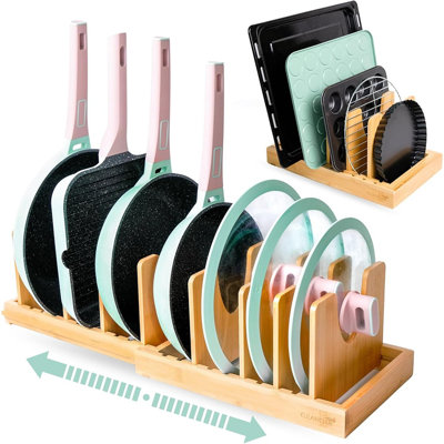 Bamboo Expandable Pots And Pans Organizer For Cabinet, Adjustable Bakeware, Cutting Board & Lid Holder Rack For Kitchen Storage (natural)