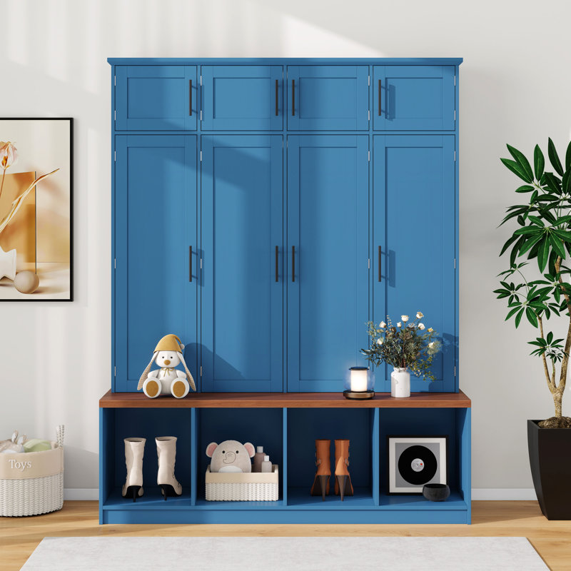 Arbre d'entrée avec banc de sièges, armoire à chaussures d'entrée avec compartiments ouverts, 4 crochets de suspension cachés et 8 portes