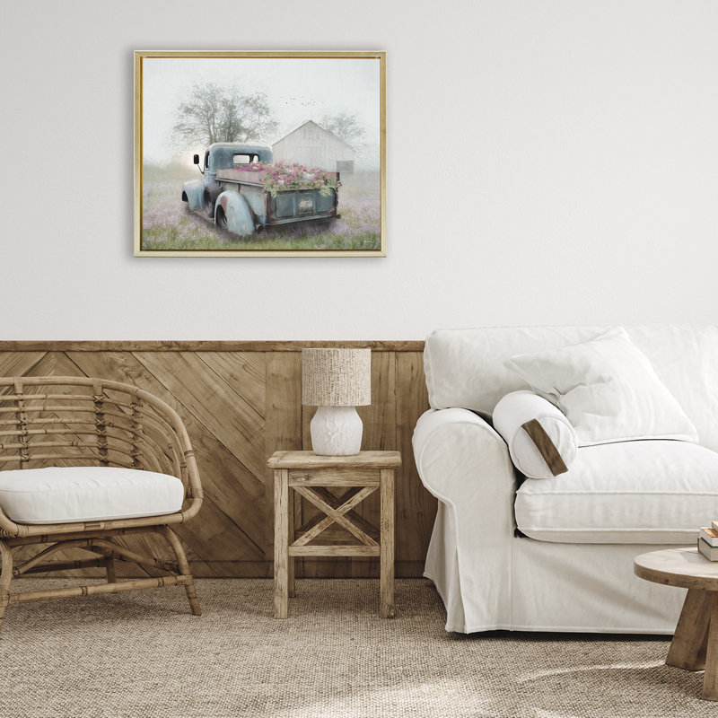 Camion brumeux avec cadre flottant fleurs, design par Lori Deiter, H 17 po x l 21 po, Cadre flottant métallique doré