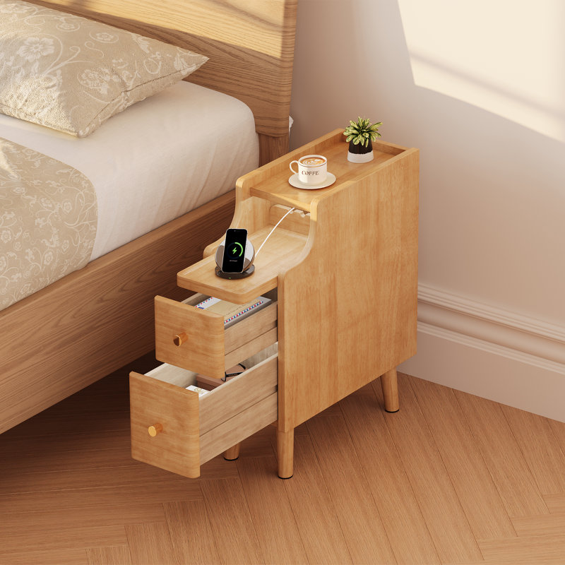 Table de chevet étroite avec tiroirs, table d'appoint en bois massif de 7,9 po pour petits espaces, petite table de chevet pour chambre à coucher avec plateau coulissant, naturel