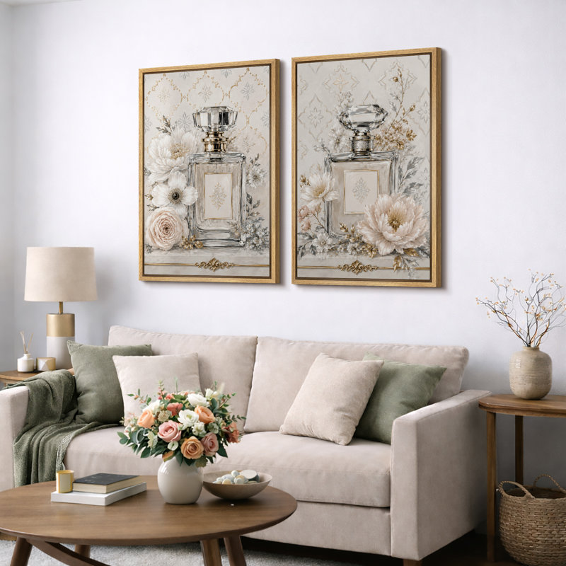 Élégante œuvre florale de bouteille de parfum, images de chambre à coucher, impression sur toile encadrée, 2 pièces