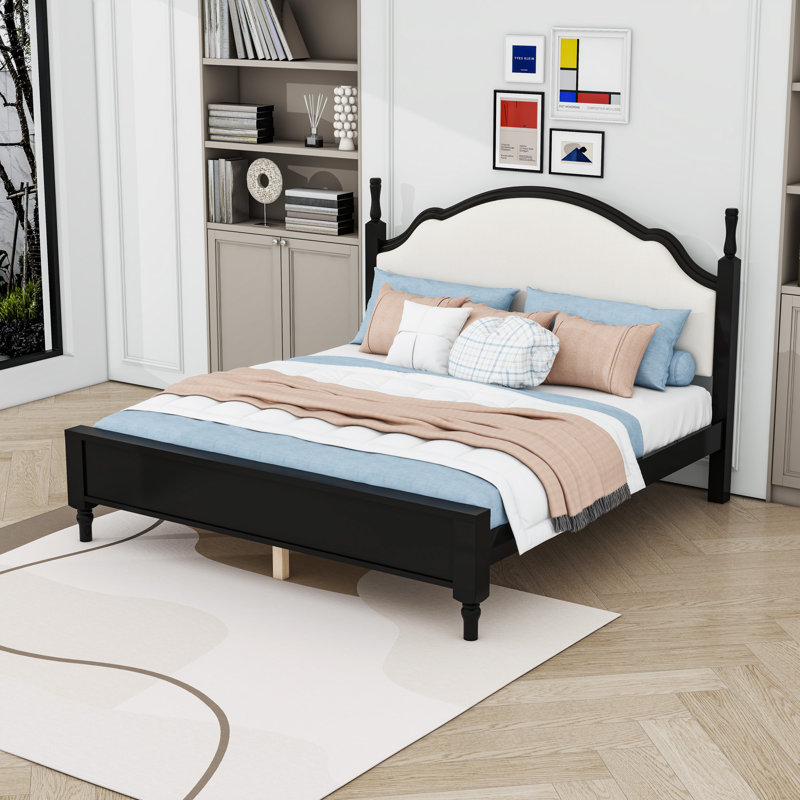 Lit plateforme en bois avec tête et pieds rembourrés courbés, Black Beige, Très grand lit